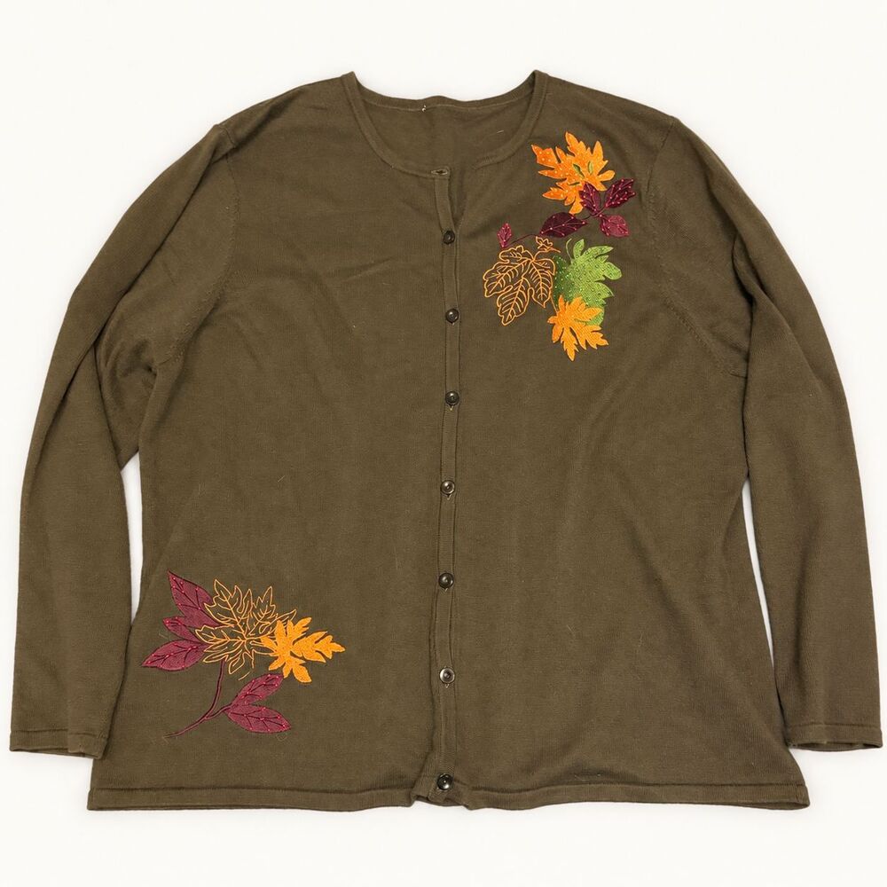 Olive Green Embroidered Autumn Leaves Button Front Cardigan Sweater SEE MEASURE
